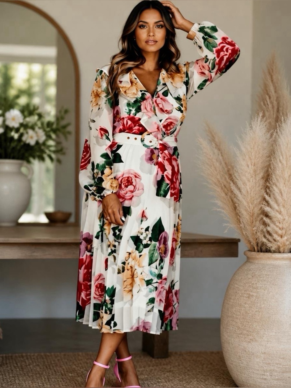 Floral midi pleated long sleeve chiffon swing belted dress